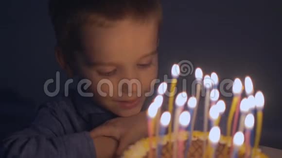 一个小男孩看着节日蛋糕上的蜡烛许愿视频的预览图