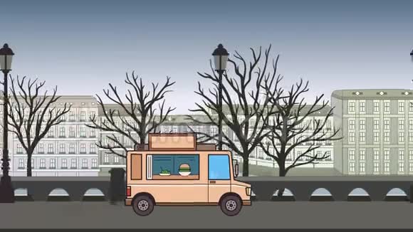 动画食品卡车穿越秋天的城市移动车辆的景观背景平面动画视频的预览图
