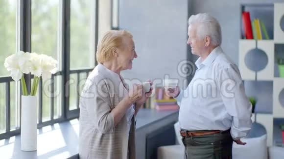 可爱快乐的老年夫妇在现代公寓他们说话喝茶笑视频的预览图