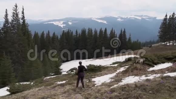 女徒步旅行者在山上拍摄风景视频的预览图
