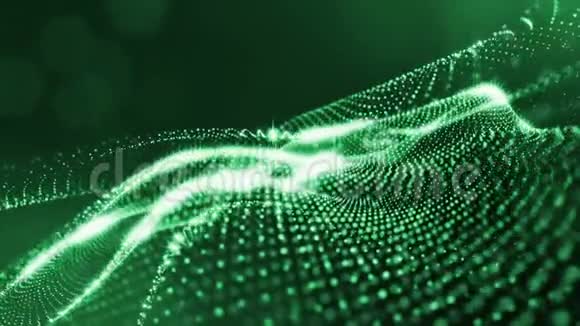 具有景深的虚拟空间带粒子的循环全息背景形成线面网格绿色的绿色6视频的预览图