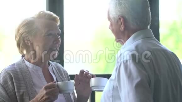 可爱快乐的老年夫妇在现代公寓他们说话喝茶笑视频的预览图
