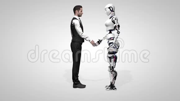 商人与一个拥有人工智能的女性机器人握手Cyborg未来技术人造视频的预览图