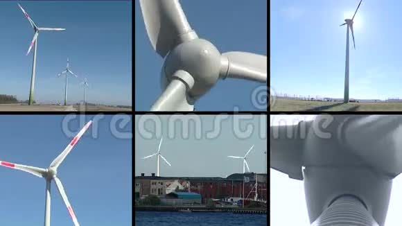 风车在风中旋转可再生能源视频剪辑拼贴视频的预览图