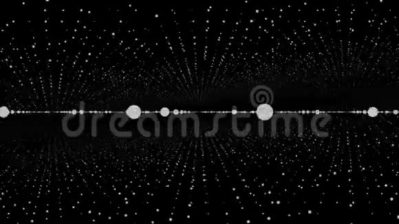 3D白色小颗粒在黑色背景上的许多开槽线上无缝环动画美丽的太空云视频的预览图