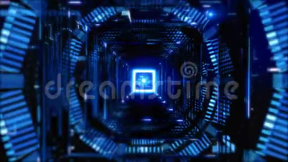 蓝色和黑色运动图形背景的方形隧道线条和光线视频的预览图