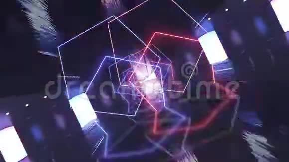 创意抽象未来主义隧道与霓虹五边形摄像机在五角大楼后面移动技术3D渲染视频的预览图