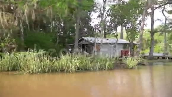 建筑物和蜜岛沼泽旅游与丛林森林和树木在新奥尔良路易斯安那州视频的预览图