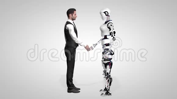 商人与一个拥有人工智能的女性机器人握手Cyborg未来技术人造视频的预览图