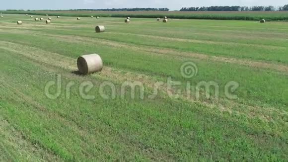 鸟瞰绿橙色的田野有圆形的草捆干草4k视频视频的预览图