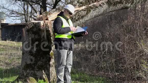在倒下的树旁检查文件的工人视频的预览图
