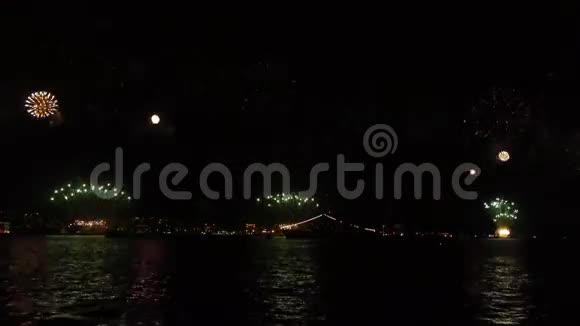 夜间海上烟火庆祝周年纪念日视频的预览图
