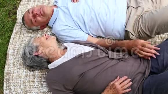 老两口躺在毯子上在公园里放松视频的预览图