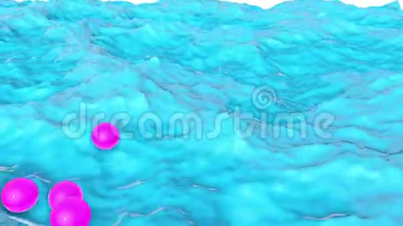 紫色的球在绿松石的波浪表面移动动画背景3D渲染视频的预览图