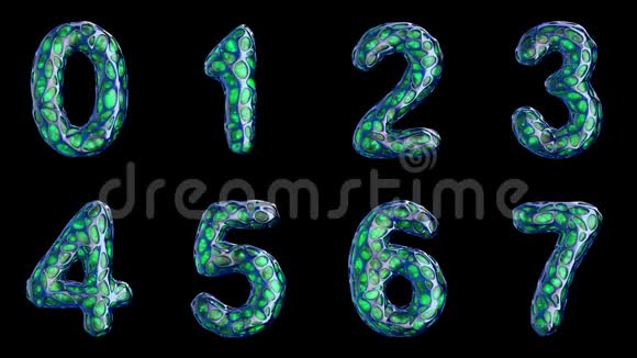字母从蓝色塑料与抽象孔隔离在黑色背景数字012345674K视频的预览图