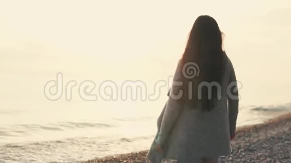 日落时分在海滩上散步的女人视频的预览图