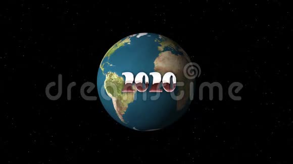 新的复古80年代90年代风格2020年新年文字飞进飞出在和地球地球动画背景循环新的视频的预览图