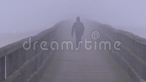 孤独的小学生走在冬天的雾桥上视频的预览图