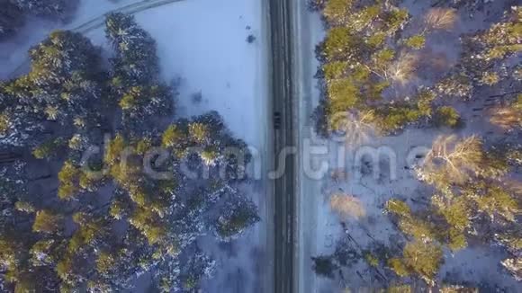 一辆车在乡村公路上穿过冬季森林从无人驾驶飞机俯视穿过森林的道路的鸟瞰图视频的预览图
