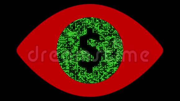 一个具有移动电子形状的美元符号抽象人眼电子连接全球互联网f的未来主义电路板视频的预览图