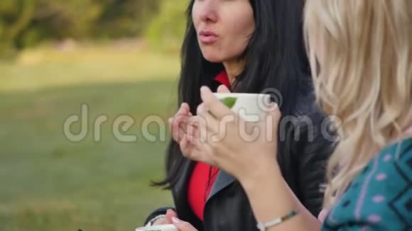 两个年轻的女人在城市公园玩得很开心日落时分在一个温暖的公园野餐的女朋友视频的预览图