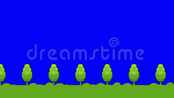 蓝色屏幕上的像素艺术视频游戏草地和树木前进视频的预览图