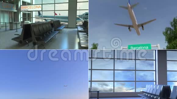去巴塞罗那的旅行飞机抵达西班牙概念蒙太奇动画视频的预览图