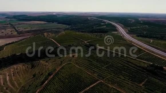 从无人驾驶飞机上看到的葡萄园山和公路视频的预览图