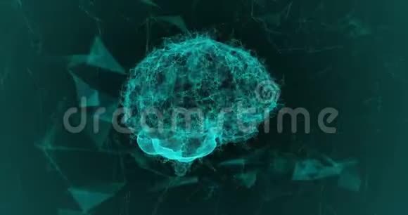 旋转粒子形成的人脑周围的屈膝结构不断演变蓝色抽象未来科学视频的预览图