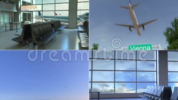 去维也纳的旅行飞机抵达奥地利概念蒙太奇动画视频的预览图