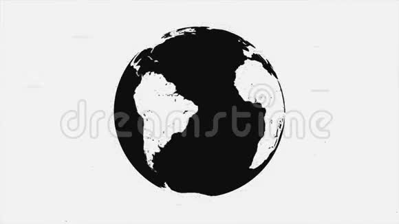 白色背景下黑色和白色地球轮廓影与移动灰色粒子的抽象动画视频的预览图
