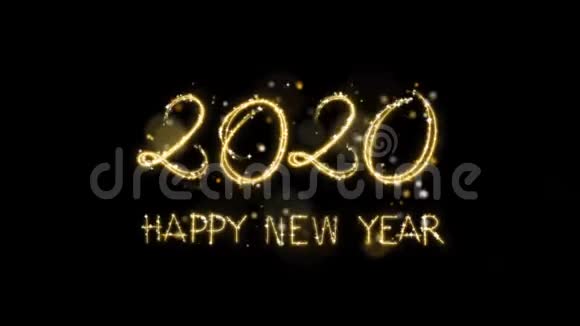 动画黄金文本2020年快乐新年与星星闪耀在黑色背景视频的预览图