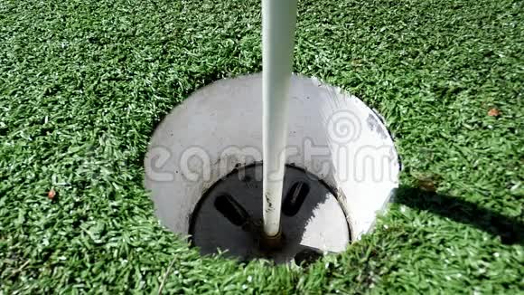 白色高尔夫球击打旗棒掉进洞里把绿洞放在一起视频的预览图