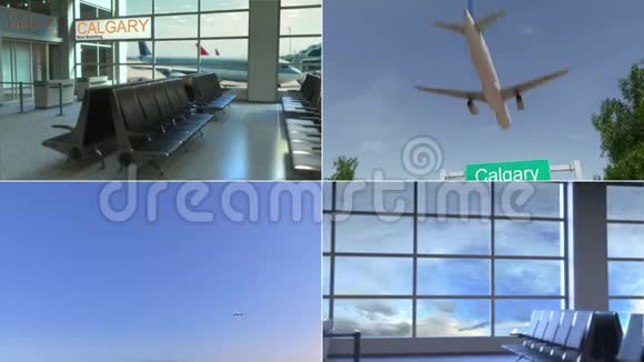 去卡尔加里的旅行飞机抵达加拿大概念蒙太奇动画视频的预览图