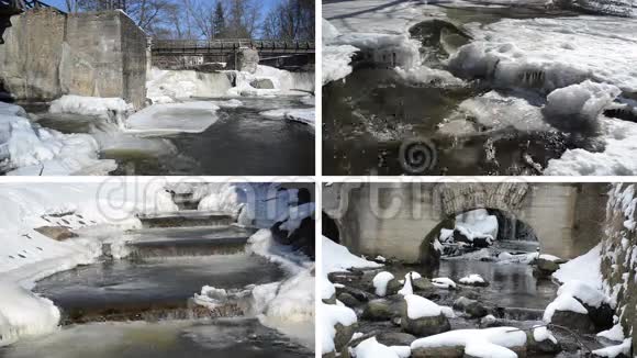 河瀑瀑布复古桥冰封冬天视频的预览图