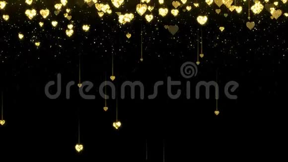 金色闪亮的心在黑色背景上闪耀着文字情人节节日抽象循环动画视频的预览图
