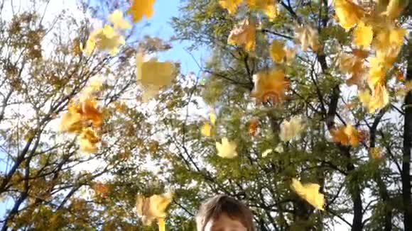 小男孩在公园里扔秋叶视频的预览图