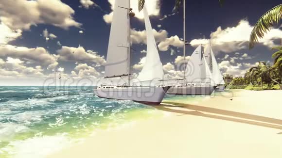 在美丽的蓝色海洋中的荒岛海滩上的帆船视频的预览图