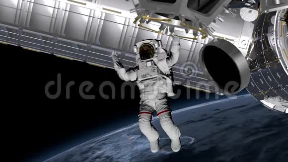 宇航员太空行走在开阔的空间里挥动他的手国际空间站国际空间站围绕地球大气层旋转要素视频的预览图