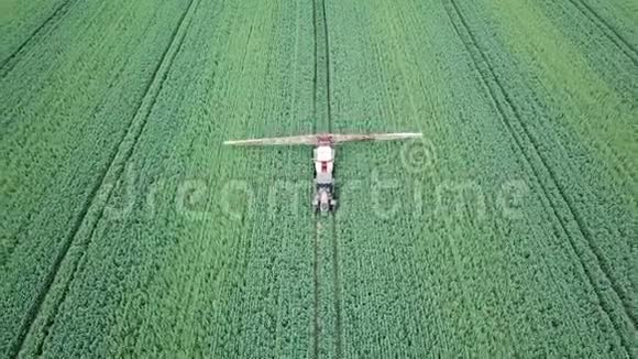 空中观景农业机械在绿色的大田野上喷洒化学物质视频的预览图
