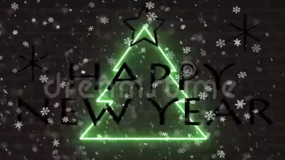 霓虹灯新年快乐树霓虹灯祝贺横幅星星和雪花飘落在砖墙背景上视频的预览图
