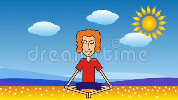 卡通人物在海云和太阳的背景下在海滩上沉思视频的预览图