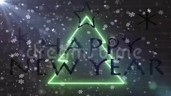 霓虹灯新年快乐树霓虹灯祝贺横幅星星和雪花飘落在砖墙背景上视频的预览图
