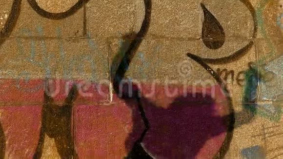 在斯隆莫的日落涂鸦墙前跳舞的快乐男人的影子视频的预览图