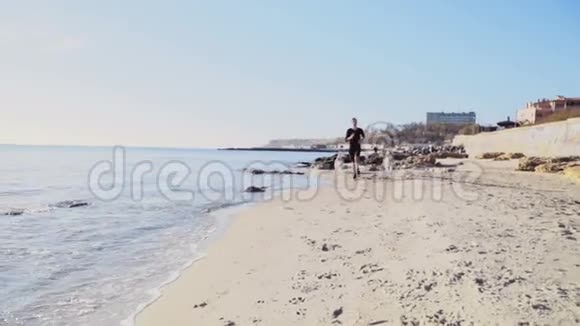 男子跑步者和两只哈士奇狗在海滩上慢跑视频的预览图