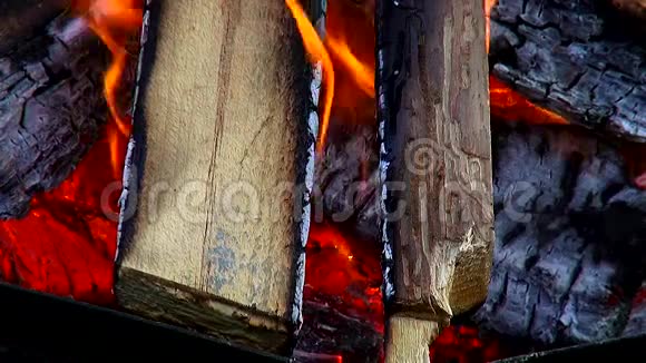 美丽的背景火与原木木材壁炉视频的预览图