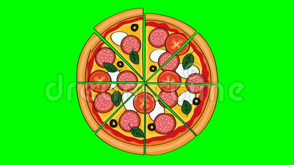 美味可口的有插图的意大利腊肠披萨在色度键绿色屏幕上的消失切片动画视频的预览图
