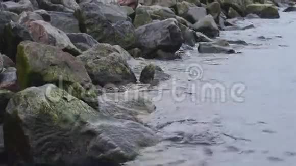 海浪冲刷黑色玄武岩柱石视频的预览图