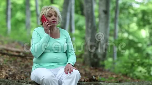 女人坐在森林中倒下的树上通过智能手机交流视频的预览图