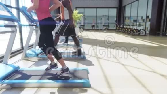 健身房里有各种健身器材人们在阳光明媚的日子里在跑步机上行走视频的预览图
